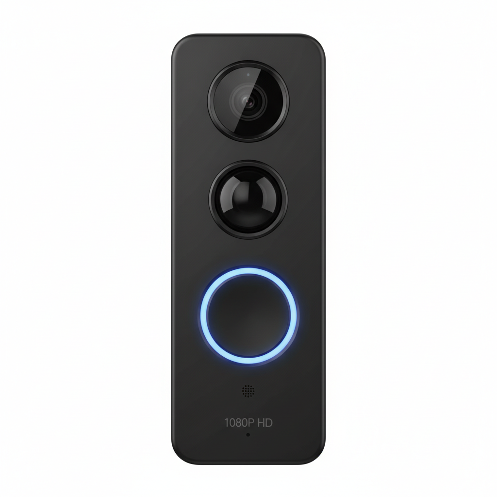"1080P wireless video doorbell camera black front view with motion sensor lens"
