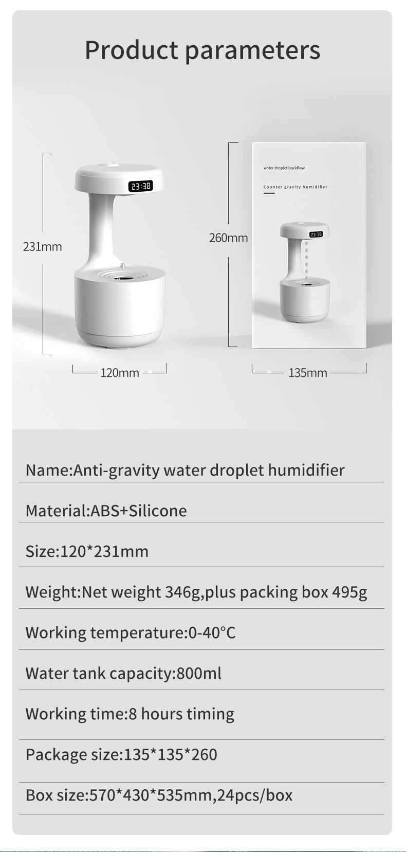 Anti-Gravity Water Drop Humidifier with LED Clock Display