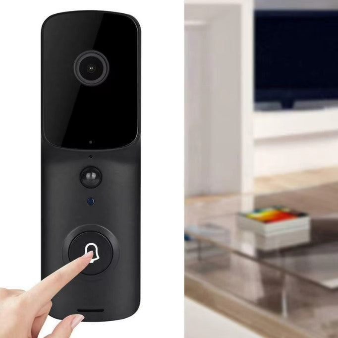 Smart doorbell with a hand pressing the button, blurred living room in the background