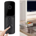 Smart doorbell with a hand pressing the button, blurred living room in the background