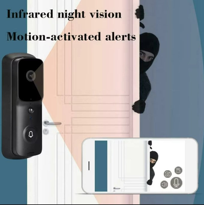 Security doorbell with night vision and motion-activated alerts, showing a thief and smartphone app interface.