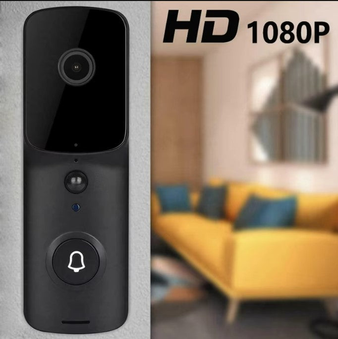 Black video doorbell with 'HD 1080P' text on a blurred living room background