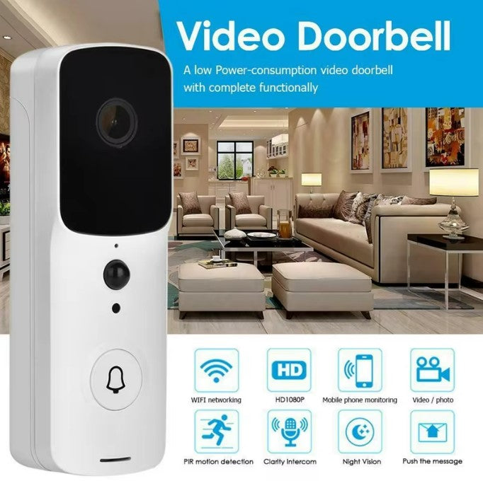 Video doorbell with living room background and feature icons displayed.