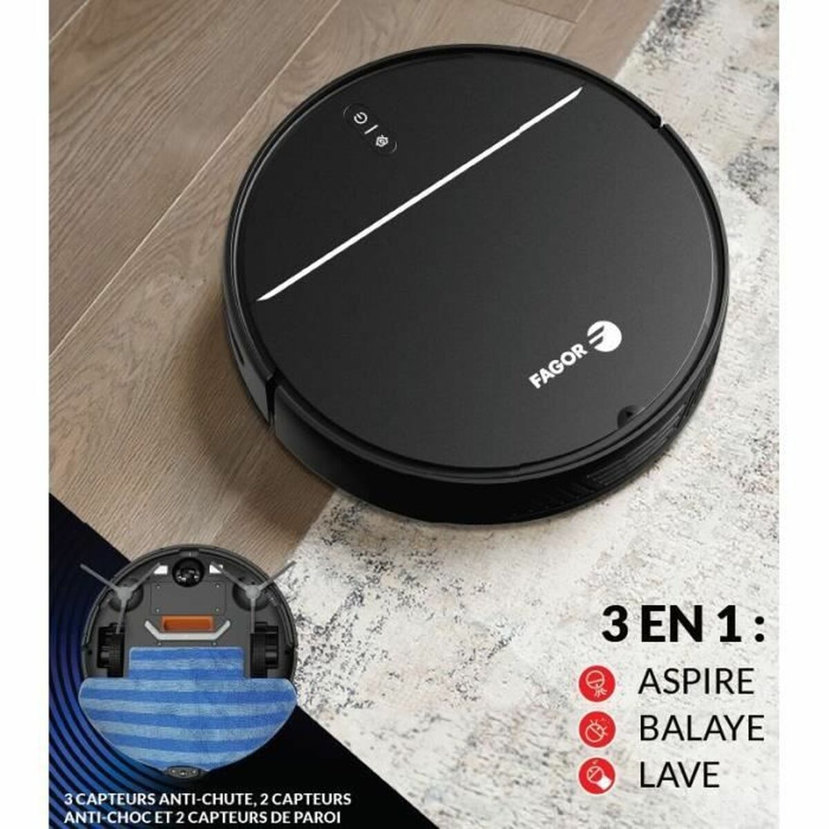 "Fagor FGR200 robot vacuum underside showing brush rollers and suction intake for pet hair"