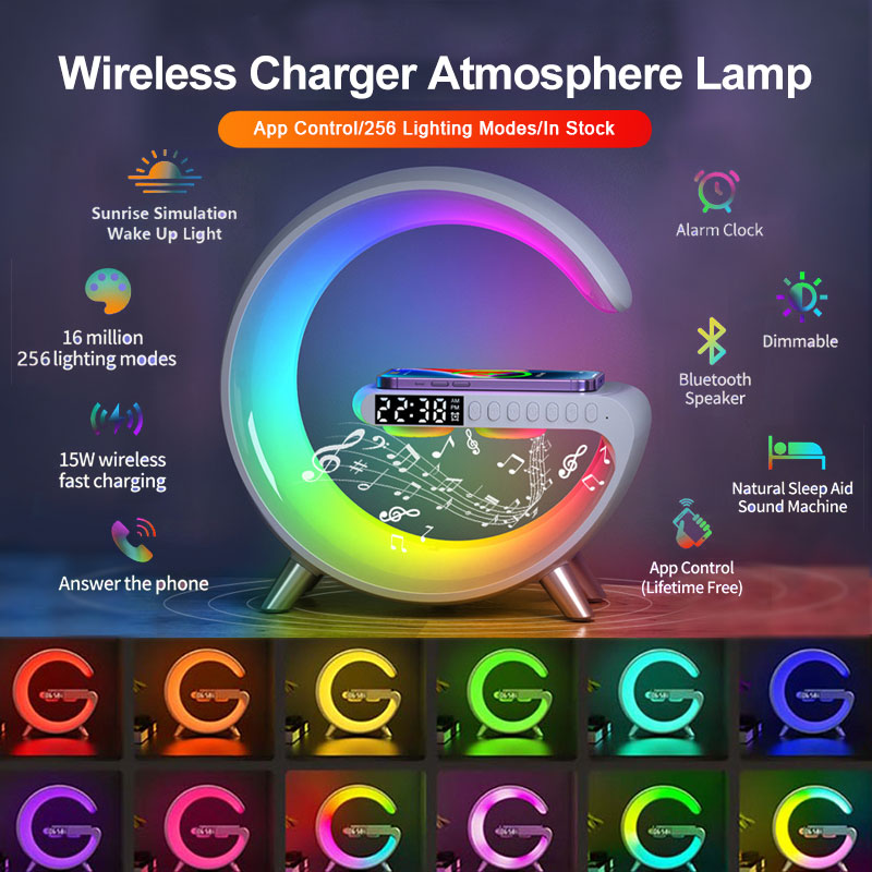 Luxury G‑Shaped LED Atmosphere Lamp with Bluetooth Speaker & Wireless Charger