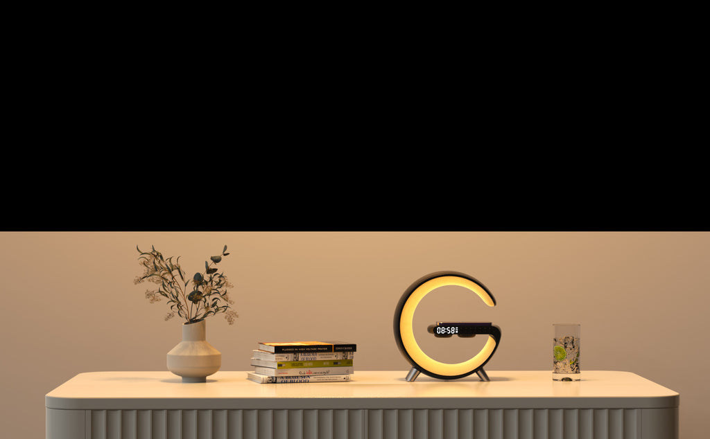 Luxury G‑Shaped LED Atmosphere Lamp with Bluetooth Speaker & Wireless Charger
