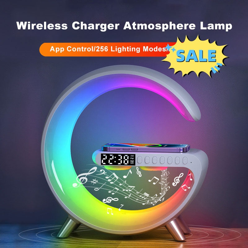 Luxury G‑Shaped LED Atmosphere Lamp with Bluetooth Speaker & Wireless Charger