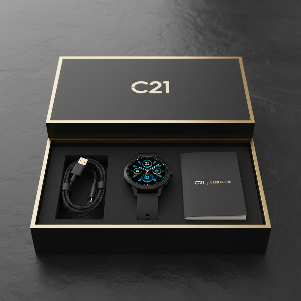 "C21 Smart Watch unboxing showing watch charging cable and user manual"