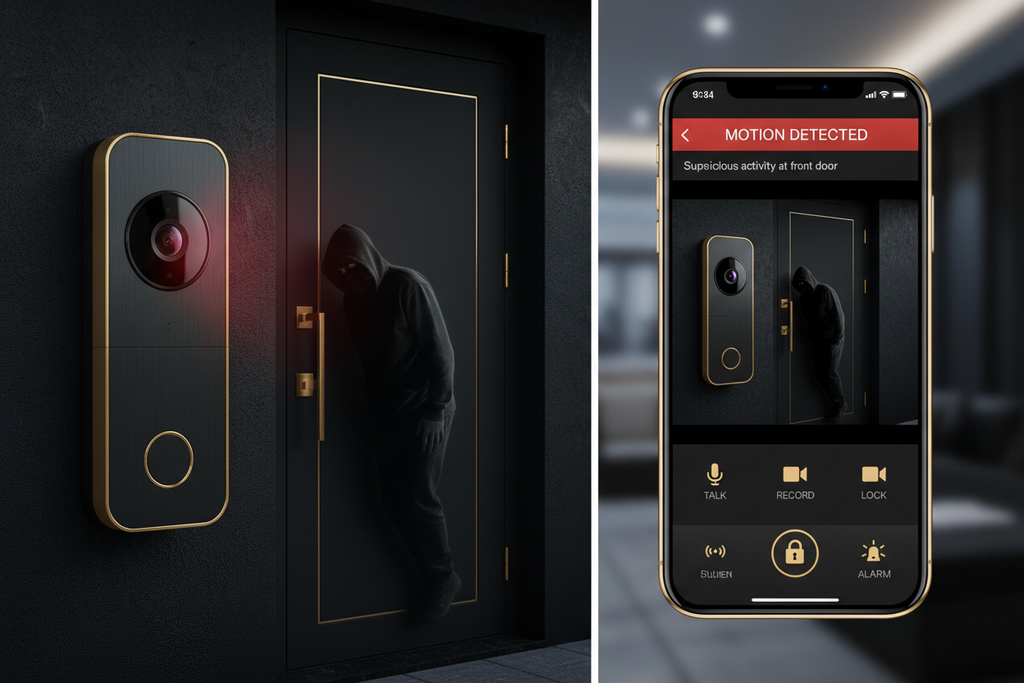 Security doorbell with night vision and motion-activated alerts, showing a thief and smartphone app interface.