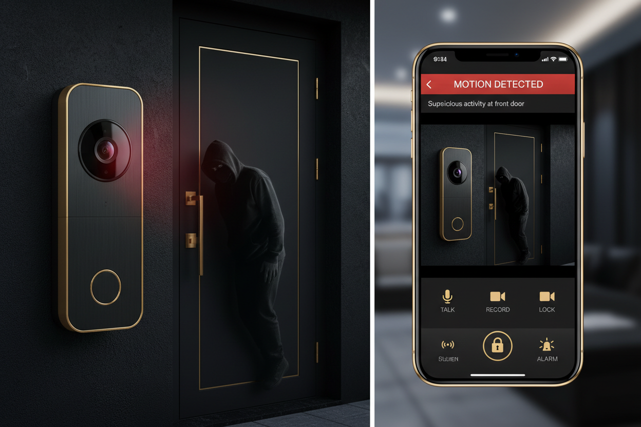 Security doorbell with night vision and motion-activated alerts, showing a thief and smartphone app interface.