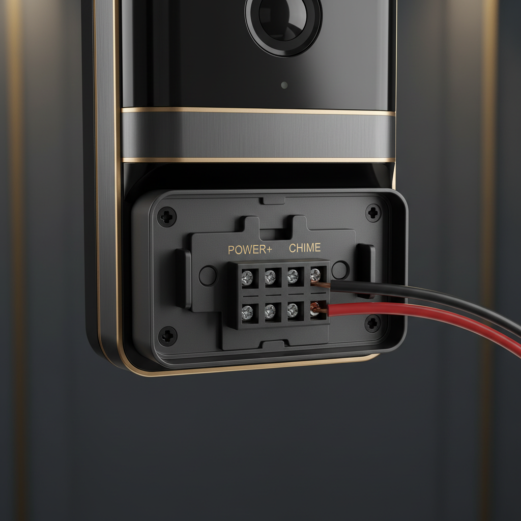 "Smart doorbell camera underside showing mounting bracket and wiring terminals"