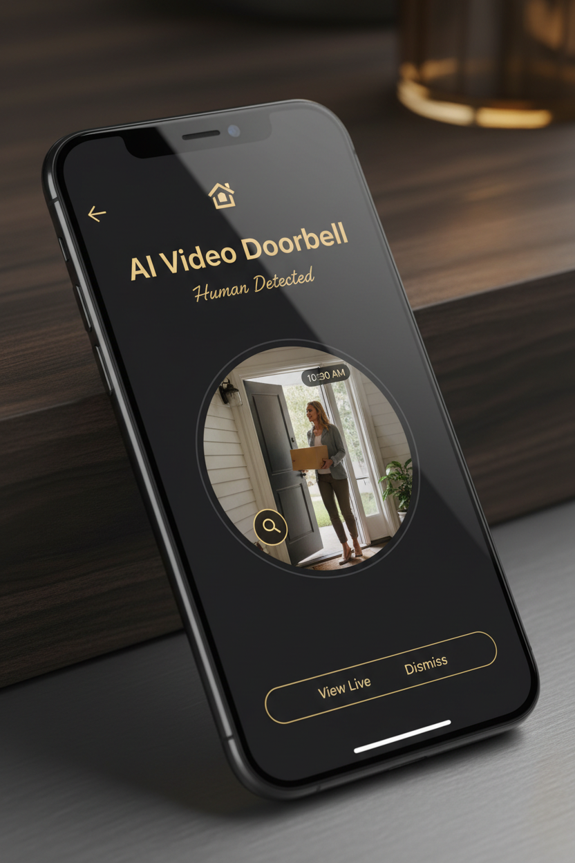 "Video doorbell AI human detection alert notification on iPhone screen"