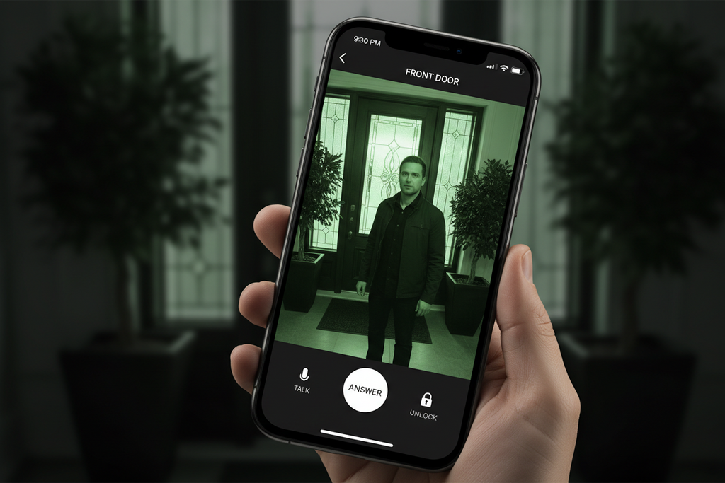 "Video doorbell live view on smartphone showing visitor at front door night vision"