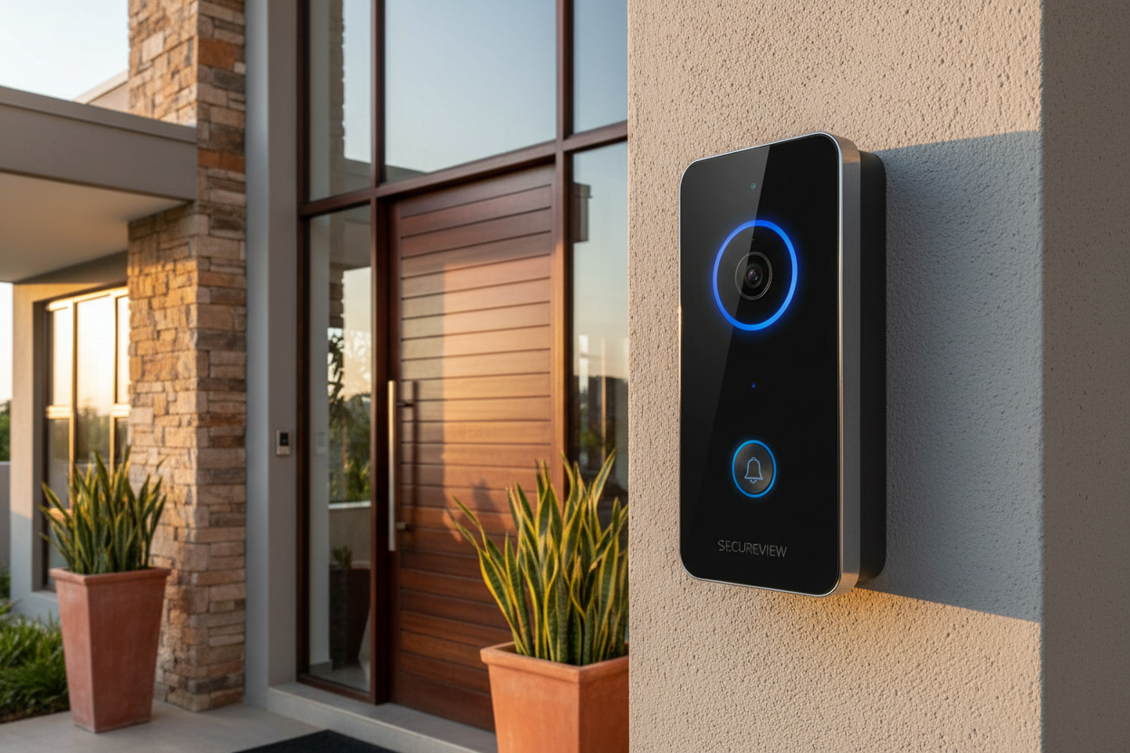 "WiFi smart video doorbell installed at front door of modern South African home"